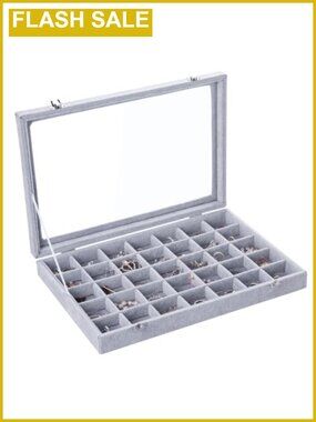 35 Grid Velvet Earring Organizer Tray Clear Lid Jewelry Storage
